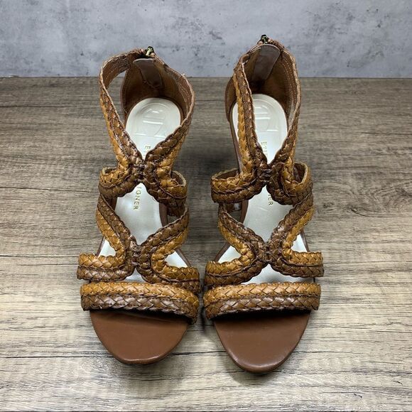 ETIENNE AIGNER E-Peanut Wedge Zip Up Strappy Sandals Shoes Brown Women's 7.5M - Picture 4 of 10